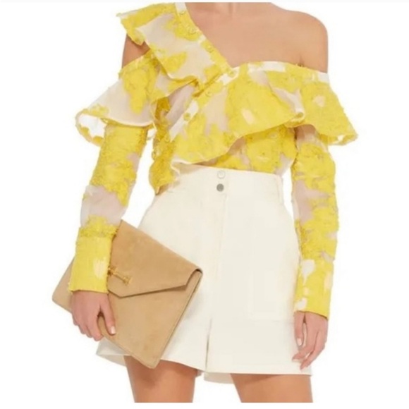 $460 Self-Portrait Embroidered Floral Fil Coupe Asymmetrical Ruffled Blouse - Picture 3 of 7
